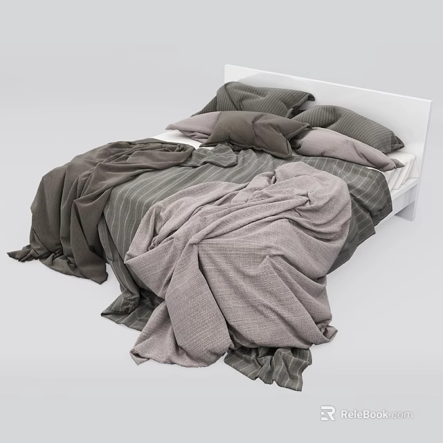 Cozy Double Bed With Gray Striped Bedding Messy Comforter And Soft Pillows 3d model 