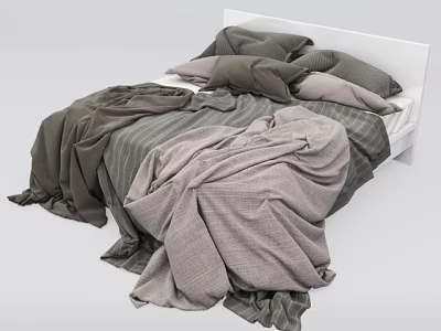 Cozy Double Bed With Gray Striped Bedding Messy Comforter And Soft Pillows 3d model