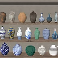 Ceramic Vessels Displayed on Wooden Shelves with Various Colors Shapes and Patterns
