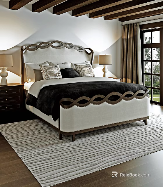 Cream Upholstered Double Bed With Wave Shaped Headboard And Decorative Pillows 3d model 