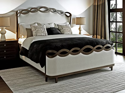 Cream Upholstered Double Bed With Wave Shaped Headboard And Decorative Pillows 3d model