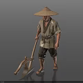 Man In Traditional Clothing Wearing Straw Hat And Holding Farm Plow Tool