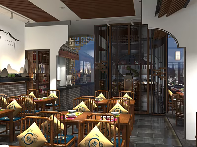 Elegant Chinese Restaurant Interior With Wooden Ceiling Screens And Yellow Cushioned Chairs 3d model