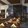 Elegant Chinese Restaurant Interior With Wooden Ceiling Screens And Yellow Cushioned Chairs