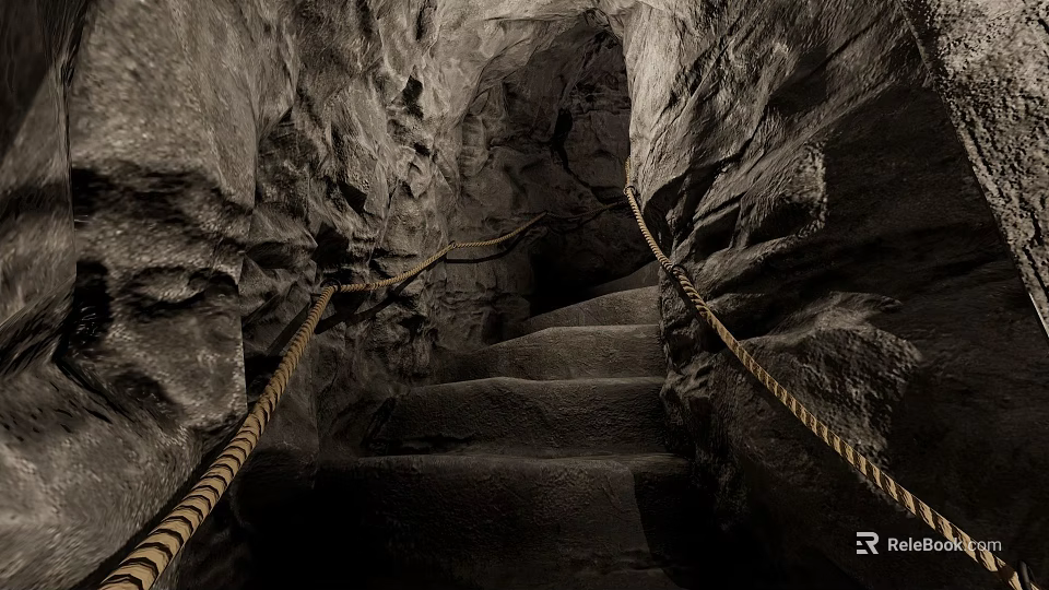 Dimly Lit Cavernous Basement Featuring Stone Stairs Rock Walls And Rope Railings 3d model 