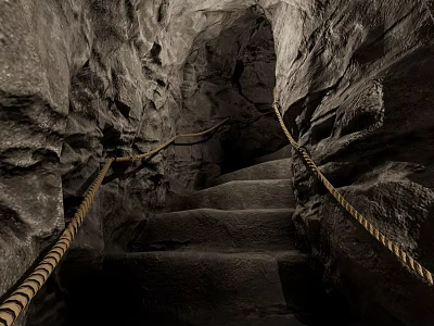 Dimly Lit Cavernous Basement Featuring Stone Stairs Rock Walls And Rope Railings 3d model