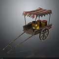 Vintage Wooden Fruit Cart With Red And White Striped Canopy And Fruit Baskets