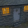 Cartoon Scene of a Quaint Stone Cottage with Small Chimney Wooden Door and Rake Nearby