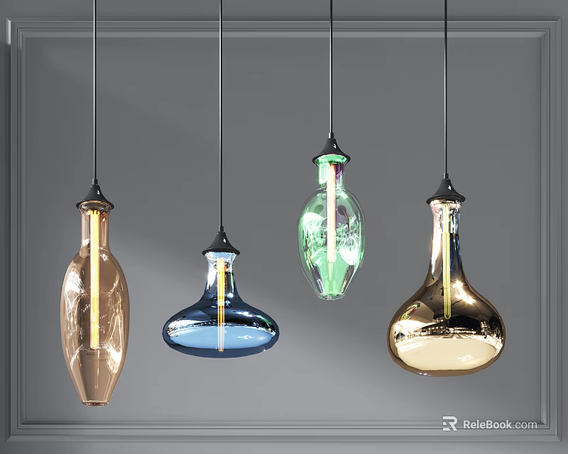 Four Modern Colorful Glass Pendant Lights With Different Shapes Hanging On Gray Decorative Wall Frame 3d model 