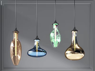 Four Modern Colorful Glass Pendant Lights With Different Shapes Hanging On Gray Decorative Wall Frame 3d model