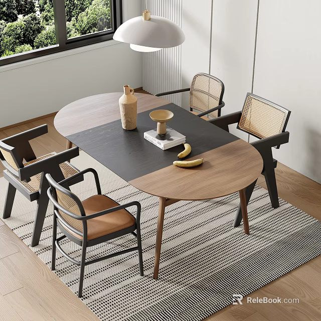 Elegant Modern Dining Table Set With Wooden Top And Woven Chairs Plus Banana Decor 3d model 