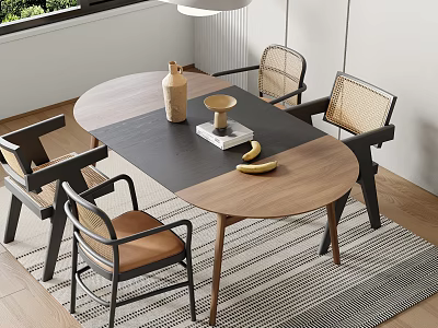 Elegant Modern Dining Table Set With Wooden Top And Woven Chairs Plus Banana Decor 3d model