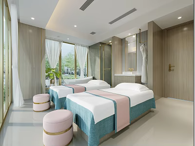 Luxurious SPA Sauna Room Interior with Massage Beds Wooden Decor and Natural Light 3d model