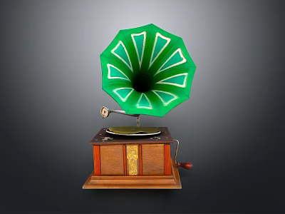 Vintage Gramophone With Green Decorative Horn And Wooden Base For Home Living Room Decor 3d model