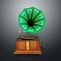 Vintage Gramophone With Green Decorative Horn And Wooden Base For Home Living Room Decor