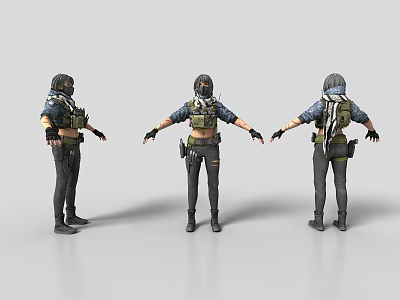 Game and Movie Character Three Angles View With Tactical Helmet Mask Vest and Pistol 3d model