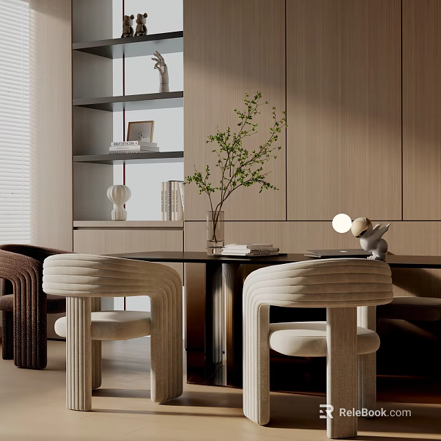 Modern Dining Table Set With Curved Back Upholstered Chairs Wooden Frame And Decorative Plant 3d model 