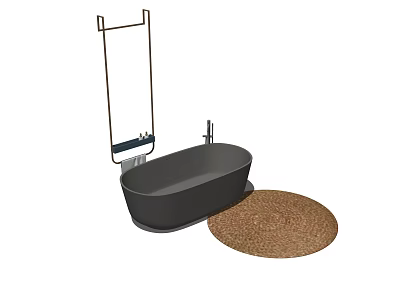 Modern Black Bathtub In Bathroom With Towel Rack And Round Coir Mat 3d model