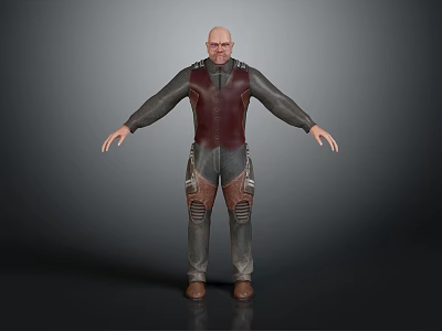 Bald Male Character 3D Model Wearing Sci Fi Leather Vest With Metal Details Standing Pose 3d model