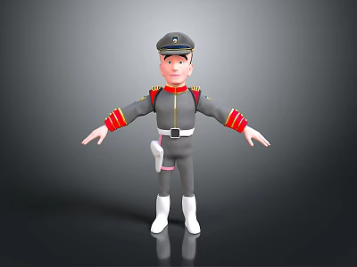 Cartoon Figure In Gray Uniform Red Cuff Details Black Cap White Belt Open Arms Pose 3d model
