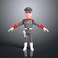 Cartoon Figure In Gray Uniform Red Cuff Details Black Cap White Belt Open Arms Pose