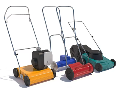Multi Colored Hand Push Agricultural Lawn Mowers With Engines And Wheels 3d model