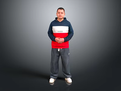 Man Standing in Navy Blue White and Red Hoodie With Gray Pants and White Shoes 3d model