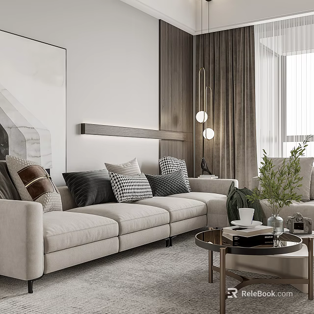 Modern Living Dining Area Interior With Sofa Patterned Pillows Coffee Table Curtains And Green Plants 3d model 