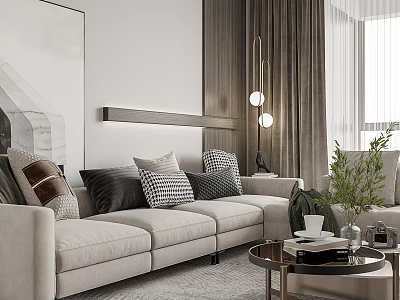 Modern Living Dining Area Interior With Sofa Patterned Pillows Coffee Table Curtains And Green Plants 3d model