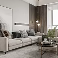 Modern Living Dining Area Interior With Sofa Patterned Pillows Coffee Table Curtains And Green Plants