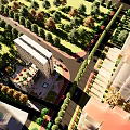 Modern Hospital Building Exterior with Red Cross Sign Surrounded by Green Trees and Road