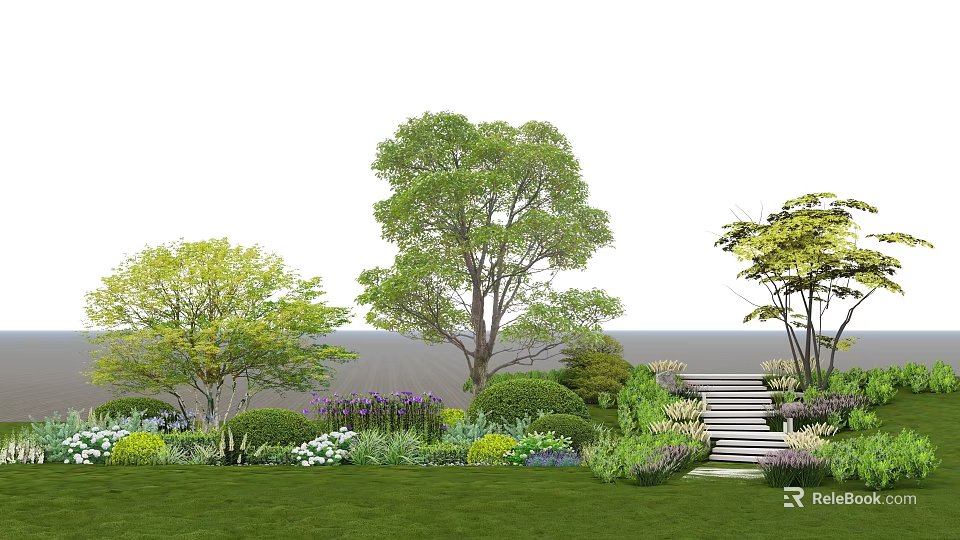 Lush Garden With Colorful Flowers Plants Trees Bushes Green Grass And Steps 3d model 