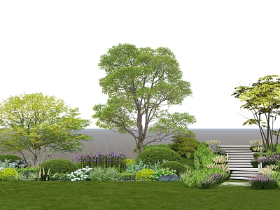 Lush Garden With Colorful Flowers Plants Trees Bushes Green Grass And Steps 3d model
