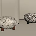 Round Decorative Stools With Black And White Patterns And Brown Legs 3d model