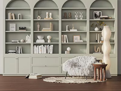 Arched Light Green Bookcase with Books Vases Photo Frames Fluffy Chair Floor Lamp Wooden Floor 3d model