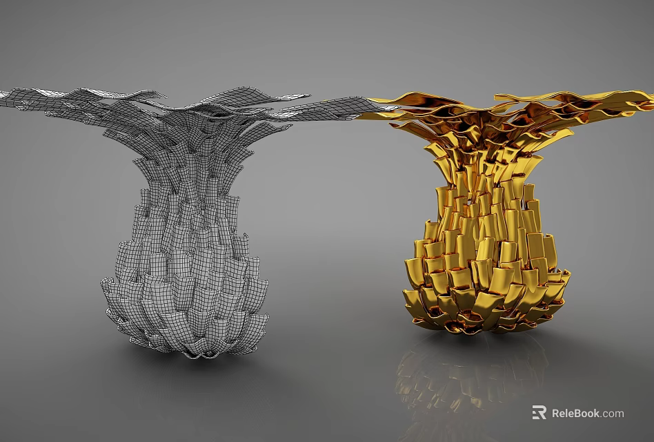 Silver And Gold Art Installation With Mesh And Block Like Structures On Reflective Surface 3d model 