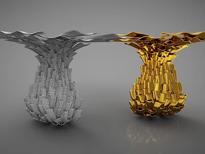 Silver And Gold Art Installation With Mesh And Block Like Structures On Reflective Surface 3d model