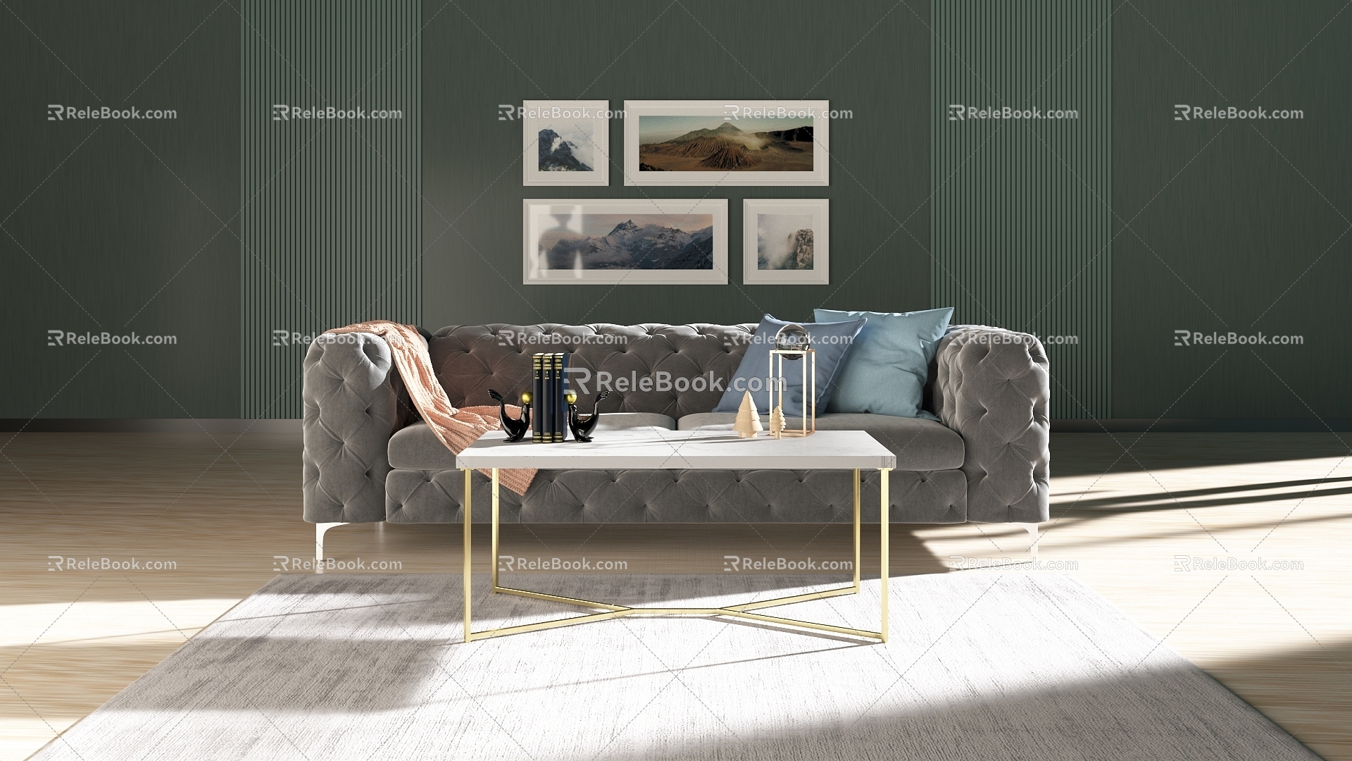 Simple Indoor Multi-person Fabric Sofa Coffee Table Living Room Space 3d model