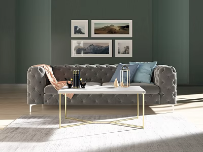 Grey Tufted Multi Seater Sofa With Blue Cushions Orange Throw And White Gold Coffee Table 3d model