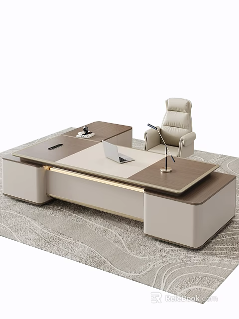 Modern Elegant Executive Office Desk with Laptop Leather Chair and Wooden Beige Design 3d model 