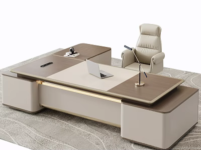 Modern Elegant Executive Office Desk with Laptop Leather Chair and Wooden Beige Design 3d model