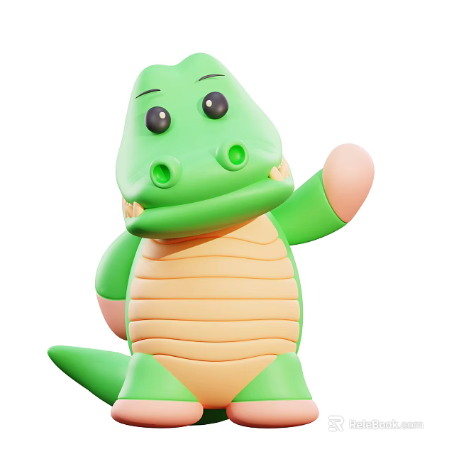 Cute Green Cartoon Crocodile With Yellow Belly And Black Eyes Waving Hand In Playful Pose 3d model 
