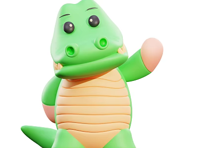 Cute Green Cartoon Crocodile With Yellow Belly And Black Eyes Waving Hand In Playful Pose 3d model