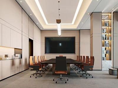 Modern Conference Room Interior Design With Long Table Leather Office Chairs Large Screen And Bookshelves 3d model