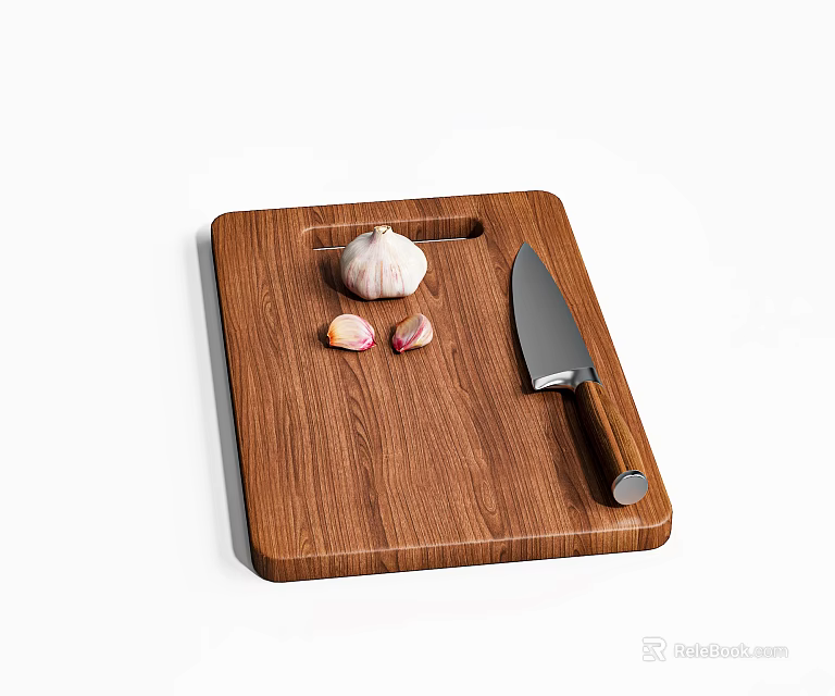 Wooden Cutting Board With Fresh Garlic Cloves And Sharp Kitchen Knife 3d model 