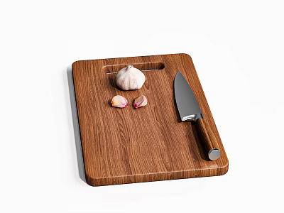 Wooden Cutting Board With Fresh Garlic Cloves And Sharp Kitchen Knife 3d model