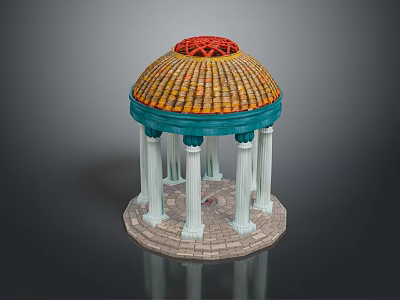 Ornate Pavilion with Orange Tiled Dome Red Top Ornament White Columns and Stone Base 3d model