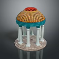 Ornate Pavilion with Orange Tiled Dome Red Top Ornament White Columns and Stone Base