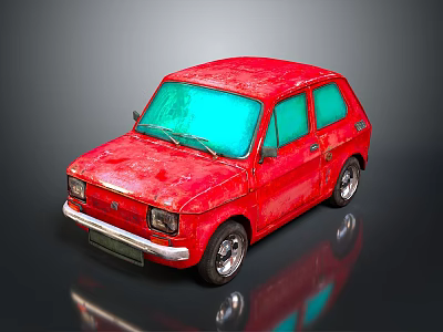 Red Vintage Small Car With Rusty Body And Blue Windows On Shiny Surface 3d model