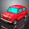 Red Vintage Small Car With Rusty Body And Blue Windows On Shiny Surface